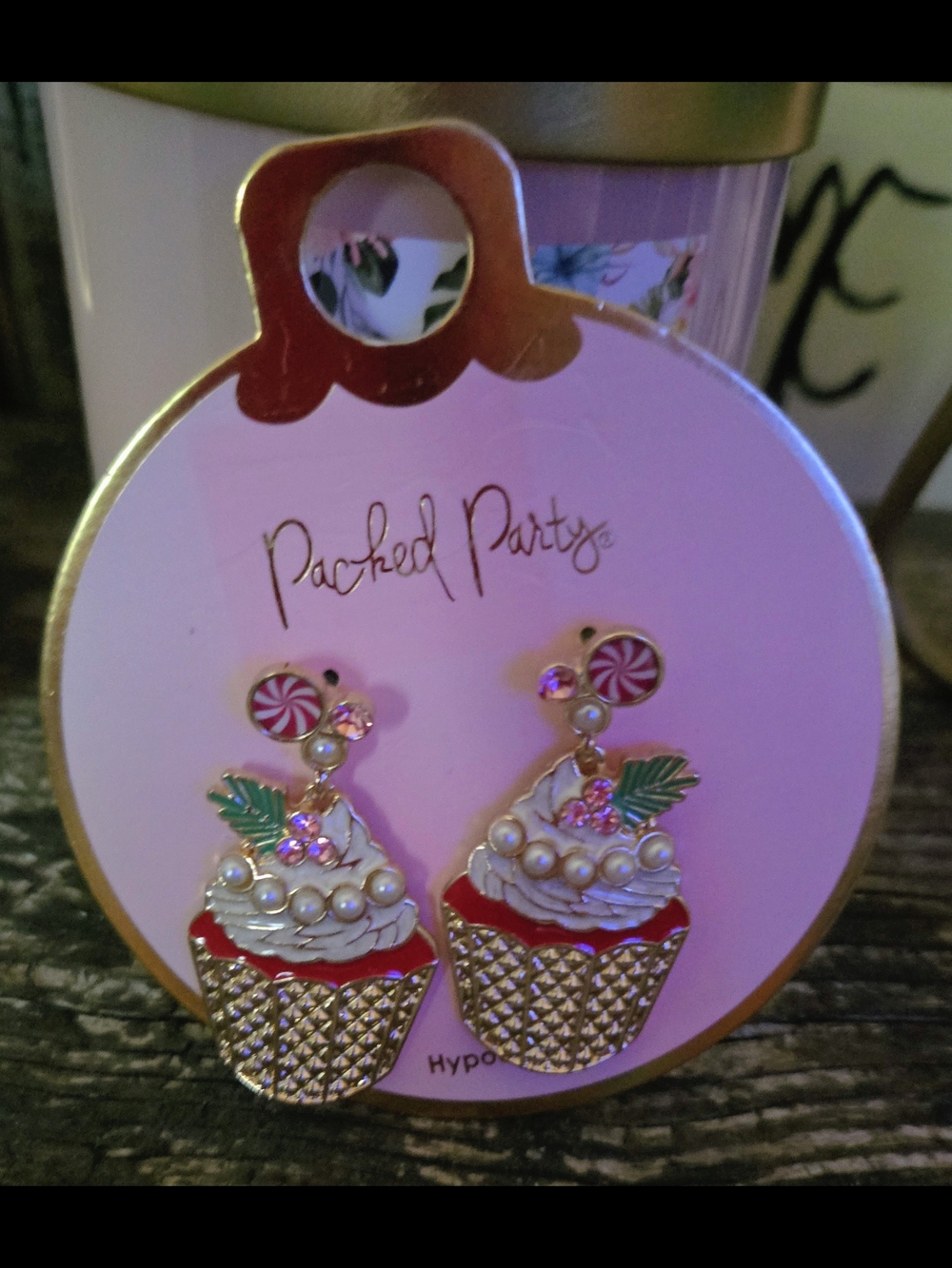 Packed Party Gold Cupcake Dangle Earrings with Red, Pink & Green Accents
